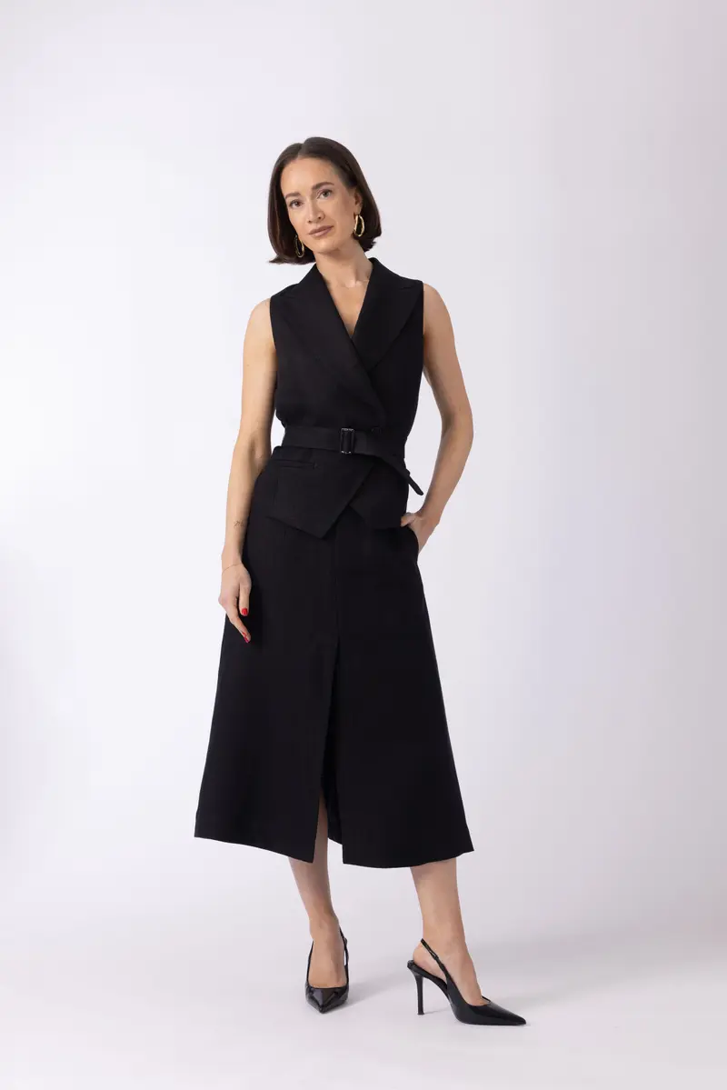 Patras Skirt - A-line midi skirt in black linen