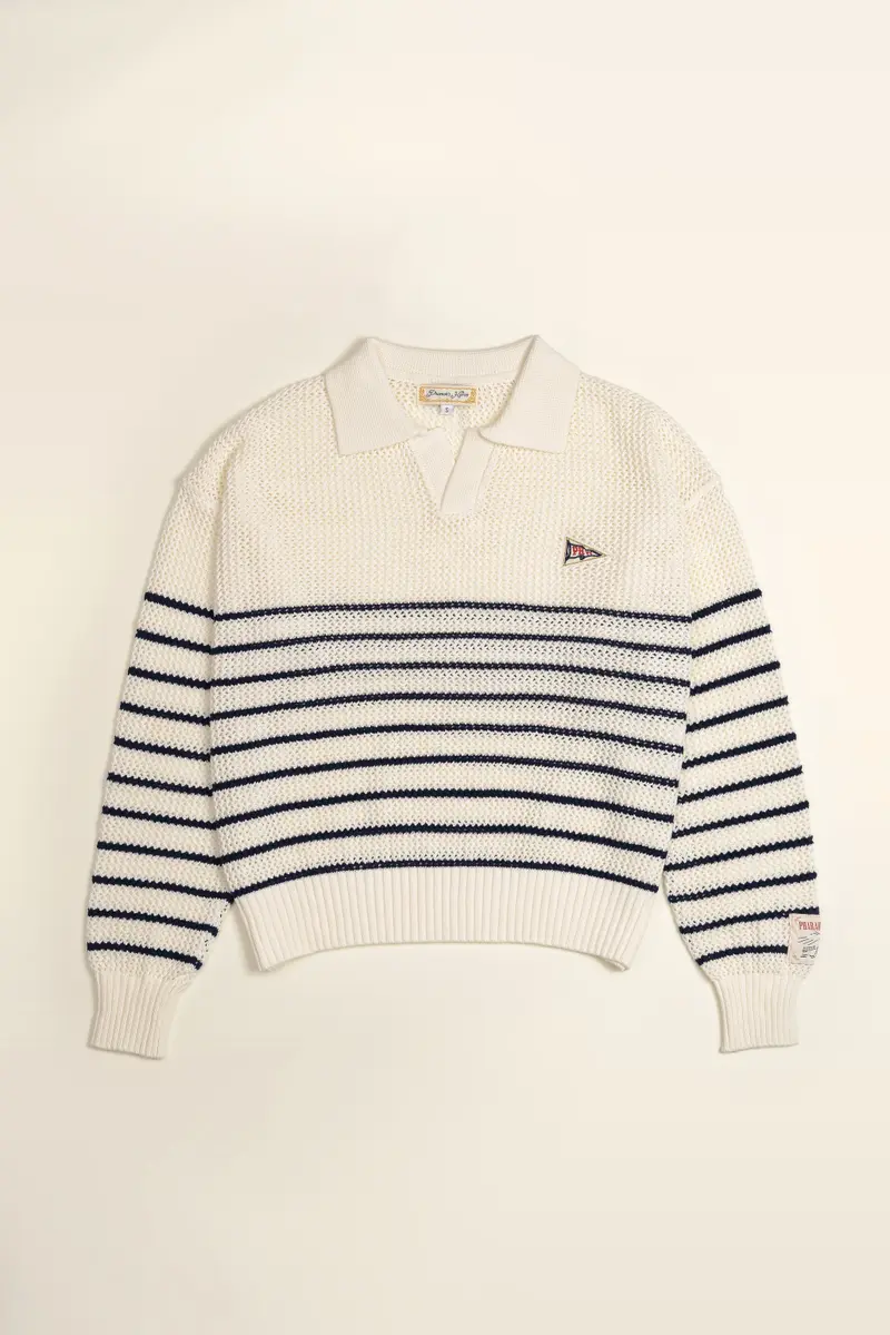 PHYC Hollow Knit Polo in Cream Stripe