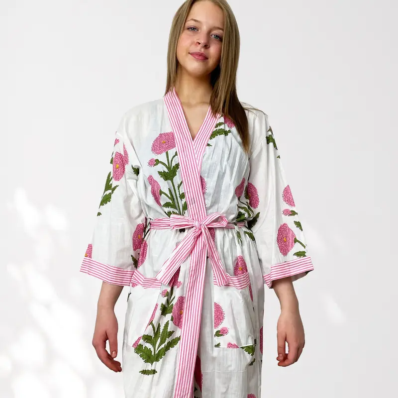 White and Pink Flower Print 100% Cotton Dressing Gown