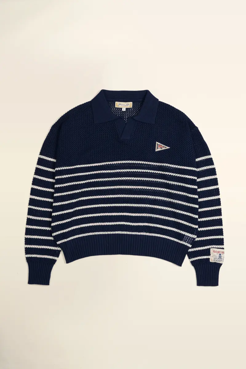 PHYC Hollow Knit Polo in Navy Stripe